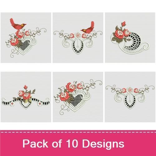 Birds and Roses Embroidery Designs Bundle – Red Bird with Roses, Cardinal and Roses, Birds with Heart & More (10 Designs)