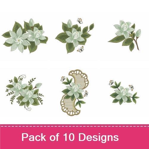 Gardenia Floral Embroidery Designs Bundle – Cluster with Leaves, In Heart, with Swirl & More (10 Designs)
