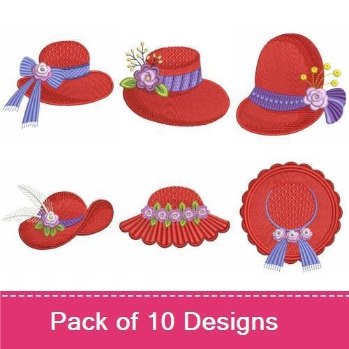 Red Hat Embroidery Bundle – Elegant Red Hat with Bow, Floral Hat, Stylish Red Hat & More (10 Designs)