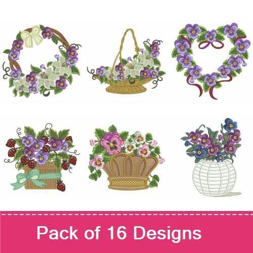 Purple Pansy Floral Embroidery Designs Bundle – Pansy Wreath, Pansy Basket, Pansy Corner Design & More (16 Designs)