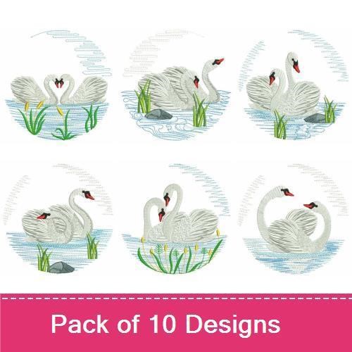 Elegant Swans Embroidery Bundle – Two Swans with Hearts, Swan on Water, Single Swan with Grass & More (10 Designs)