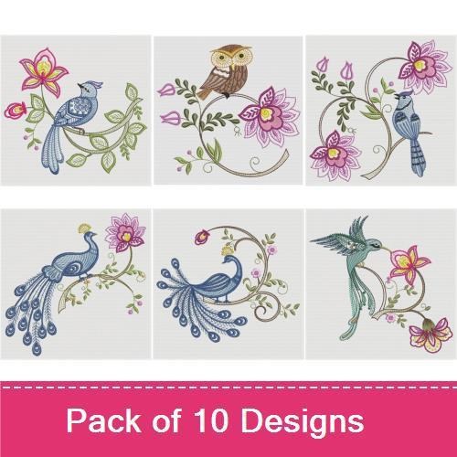 Elegant Birds & Blossoms Embroidery Designs Bundle – Peacock with Flower, Blue Bird on Branch, Owl with Blossoms & More (10 Designs)