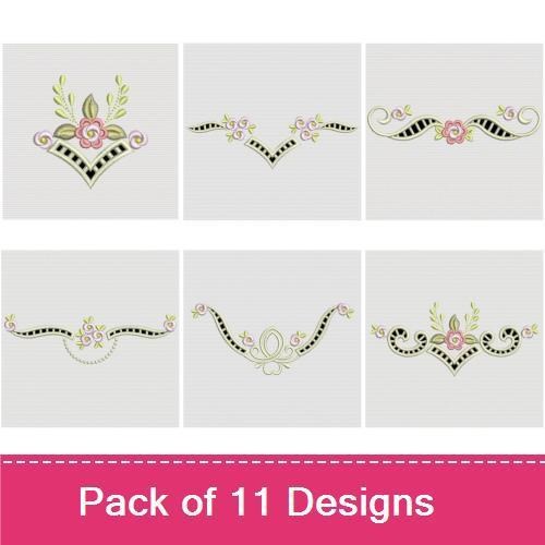 Elegant Floral Embroidery Designs Bundle – Floral Corner, Ornamental Floral Vine, Rose and Leaf Border & More (11 Designs)