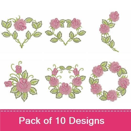 Floral Embroidery Bundle – Rose Wreath, Single Pink Rose, Heart with Roses & More (10 Designs)