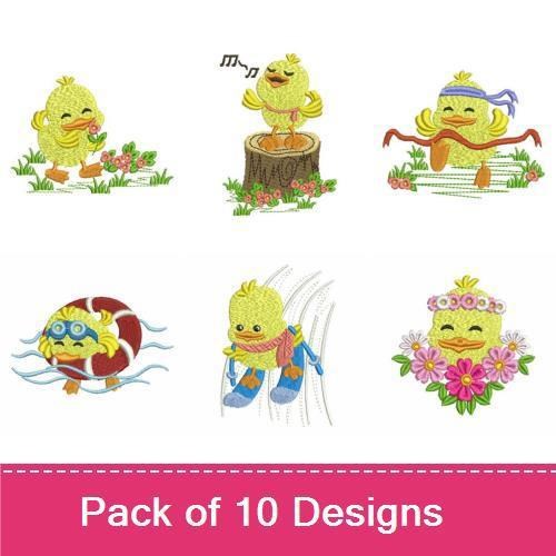 Cheerful Duckling Characters Embroidery Designs Bundle – Duckling with Flowers, Duckling with Ice Cream, & More (10 Designs)