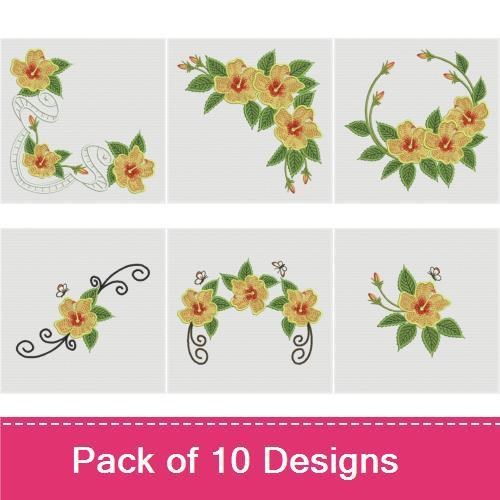Floral Embroidery Bundle – Hibiscus Flower Cluster, Single Hibiscus Flower, Floral Corner Vine & More (10 Designs)