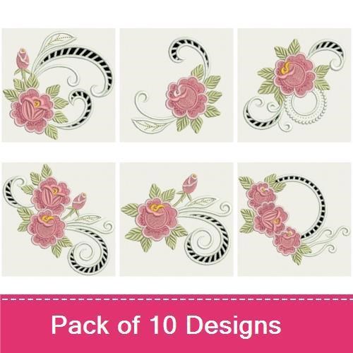 Floral Rose Embroidery Bundle – Elegant Pink Roses, Pink Rose with Lace Frame, Curly Vine with Pink Rose & More (10 Designs)