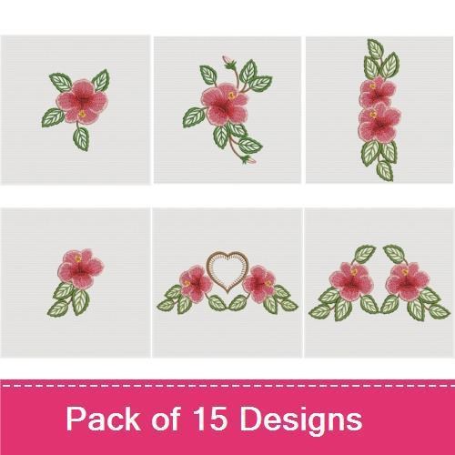Hibiscus Floral Heart Embroidery Bundle – Hibiscus Heart with Leaves, Heart with Hibiscus Blossom & More (15 Designs)