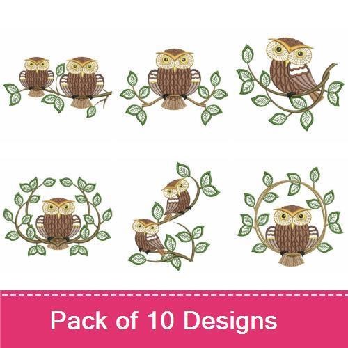 Charming Owl Embroidery Designs Bundle – Owl on Branch, Owl Family, Owl with Flowers & More (10 Designs)