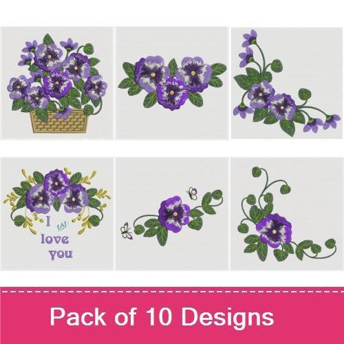 Floral Pansy Embroidery Designs Bundle – Pansy Bouquet, Pansy Basket, Pansy with Bear & More (10 Designs)