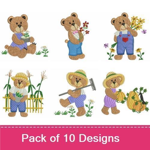 Garden Bears Embroidery Designs Bundle – Bear with Basket of Vegetables, Bear Picking Flowers, & More (10 Designs)