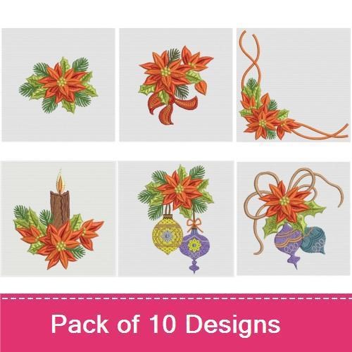 Poinsettia Floral Embroidery Designs Bundle – Poinsettia Bouquet, Christmas Candle with Poinsettias & More (10 Designs)