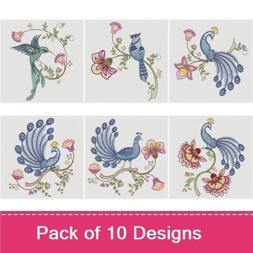Birds and Blossoms Embroidery Designs Bundle – Peacock on Branch, Blue Bird on Flower, Floral Bird & More (10 Designs)
