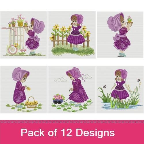 Vintage Girls Embroidery Designs Bundle – Charming Floral Scenes & More (12 Designs)