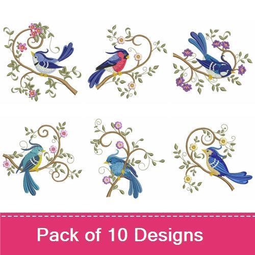 Bluebird and Floral Embroidery Designs Bundle – Bluebird on Floral Branch, Bluebird with Pink Flowers, & More (10 Designs)