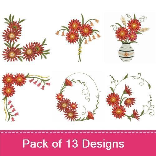 Daisy Floral Embroidery Designs Bundle – Daisy Bouquet, Red Daisy Cluster, Love with Daisies & More (13 Designs)