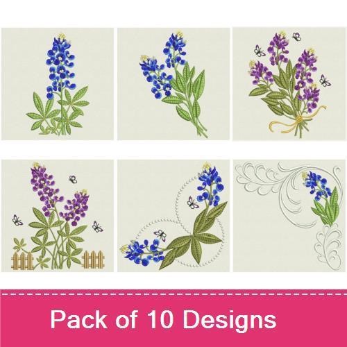 Bluebonnet Floral Embroidery Designs Bundle – Bluebonnet with Leaves, Bluebonnet Wreath, Bluebonnet Bouquets & More (10 Designs)