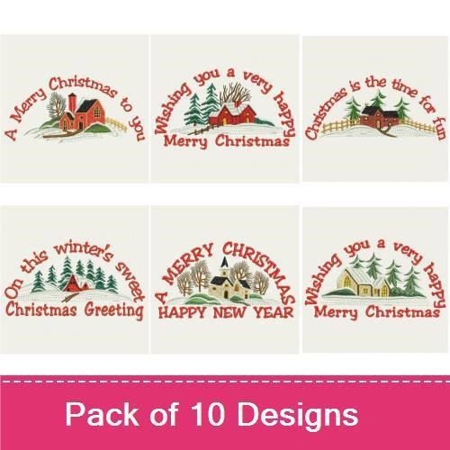 Christmas Village Greetings Embroidery Designs Bundle – Merry Christmas, Happy Holidays, Joyful Holiday Wishes & More (10 Designs)