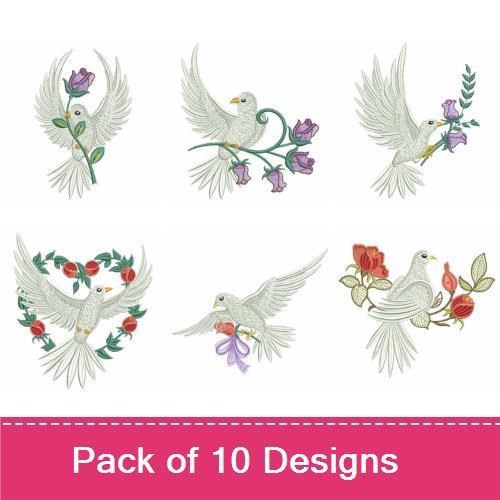 Doves & Roses Embroidery Designs Bundle – Dove with Rose, Dove with Lavender, Dove with Pink Flowers & More (10 Designs)