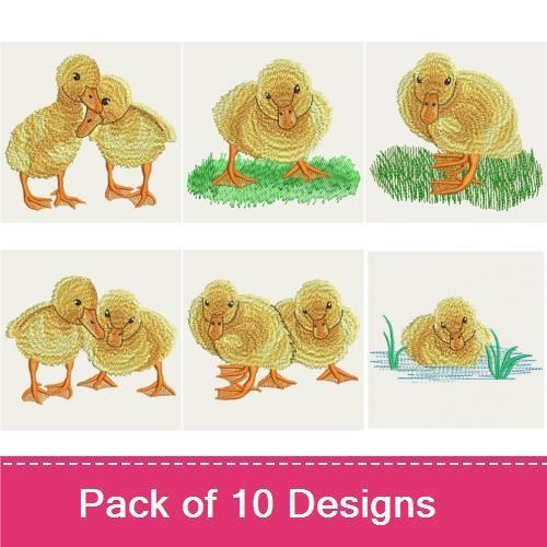 Adorable Duckling Embroidery Designs Bundle – Duckling Couple, Duckling Playing, Duckling with Reflection & More (10 Designs)