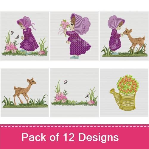 Vintage Girl in Garden Embroidery Designs Bundle – Girl with Flowers, Girl with Basket, Girl with Deer & More (12 Designs)
