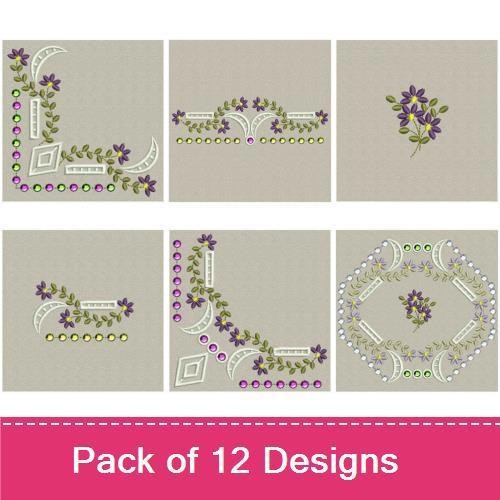 Elegant Purple Floral Embroidery Designs Bundle – Floral Frame with Violets, Decorative Floral Corner, & More (12 Designs)