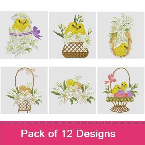 Easter Chicks & Lilies Embroidery Designs Bundle – Chick in Basket, Happy Easter, Lilies in Basket & More (12 Designs)