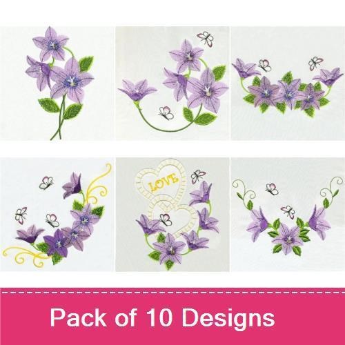 Purple Bellflower Embroidery Designs Bundle – Purple Bellflower Bouquet, Bellflower Heart, Bellflower with Butterflies & More (10 Designs)
