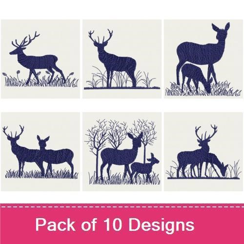 Deer Silhouettes Embroidery Designs Bundle – Standing Deer Couple, Single Buck, Single Doe & More (10 Designs)