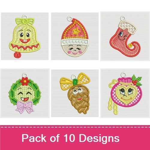 FSL Christmas Ornament Embroidery Designs Bundle – Santa Hat, Christmas Bell, Wreath & More (10 Designs)