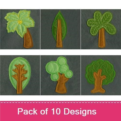Applique Whimsical Trees Embroidery Bundle – Leafy Tree, Bushy Tree, Tree with Flowers & More (10 Designs)
