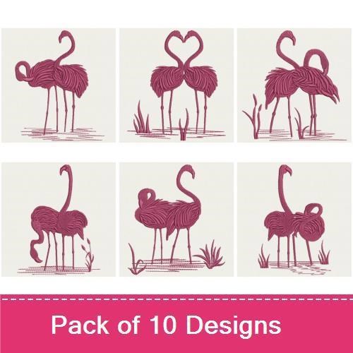 Redwork Flamingo Embroidery Bundle – Flamingo Couple, Single Flamingo Standing, Flamingo with Heart & More (10 Designs)