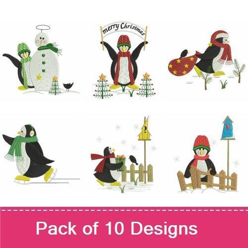 Festive Penguins Embroidery Designs Bundle – Penguin with Sack, Snowman with Penguin, Penguin Family & More (10 Designs)