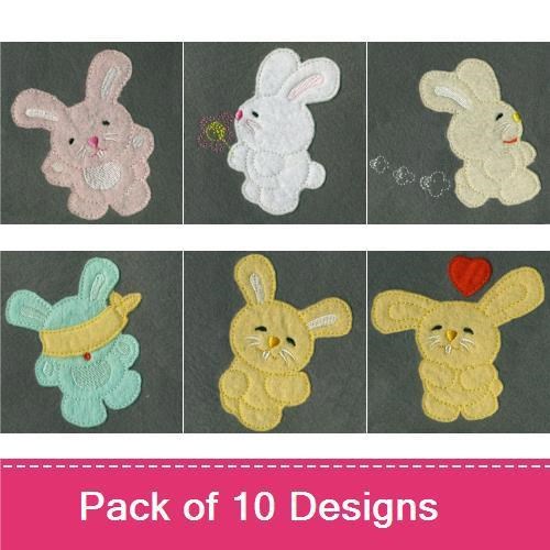 Applique Cute Bunny Expressions Embroidery Bundle – Happy Bunny, Surprised Bunny, Bunny with Banana & More (10 Designs)