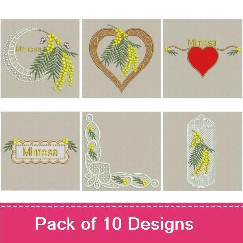 Mimosa Floral Embroidery Designs Bundle – Mimosa Branch with Flowers, Mimosa Heart, Mimosa Floral Frame & More (10 Designs)