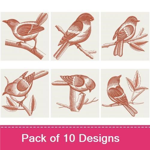 Redwork Rustic Birds Embroidery Designs Bundle – Songbird, Bluebird, Chickadee & More (10 Designs)
