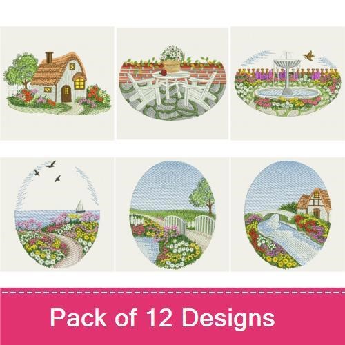Garden Embroidery Designs Bundle – Fountain, Cottage, Birdhouse, Flower Archway & More (12 Designs)