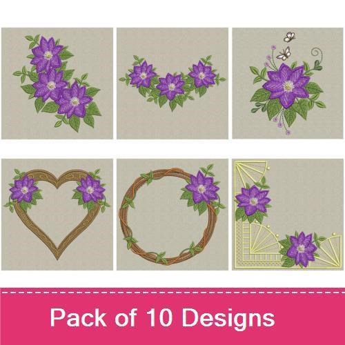 Clematis Floral Embroidery Designs Bundle – Arrangement, Vine, Wreath & More (10 Designs)