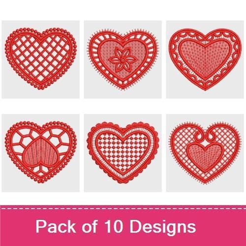 FSL Red Lace Hearts Embroidery Designs Bundle – Lace Heart with Flower, Lattice Heart, Openwork Heart & More (10 Designs)
