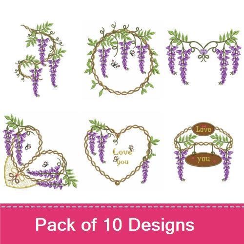 Wisteria Floral Embroidery Designs Bundle – Wisteria Heart with Love, Wisteria Vine, Love Wisteria Sign & More (10 Designs)