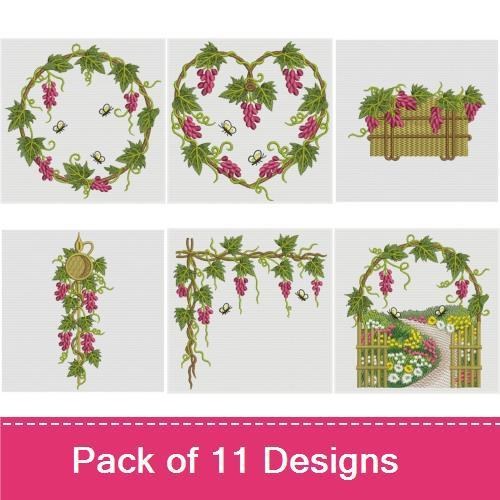 Grapevine Garden Embroidery Designs Bundle – Grapevine Arbor, Wreath with Grapes, Floral Pathway & More (11 Designs)