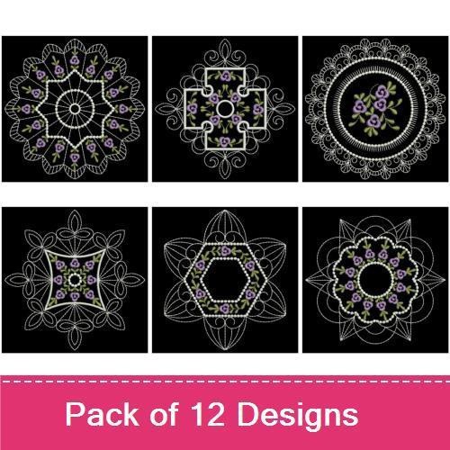 Roses Mandala Embroidery Designs Bundle – Elegant Purple Rose Mandala, Floral Lace Mandala & More (12 Designs)