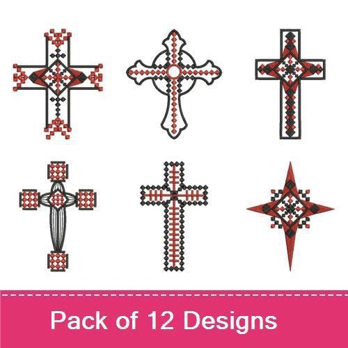 Geometric Cross Embroidery Designs Bundle – Geometric Cross with Diamonds, Decorative Geometric Cross, & More (12 Designs)