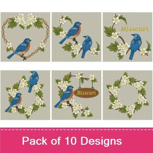 Bluebird & Dogwood Floral Embroidery Designs Bundle – Bluebird with Dogwood, Bluebird on Branch, & More (10 Designs)