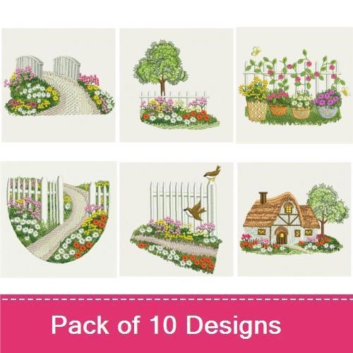 Charming Garden Embroidery Designs Bundle – Thatched Cottage, Flowering Tree, Garden Wheelbarrow & More (10 Designs)