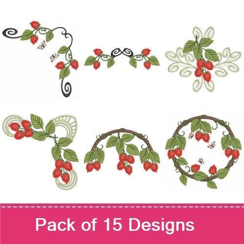 Raspberry Embroidery Designs Bundle – Raspberry Wreath, Single Raspberry with Leaves & More (15 Designs)
