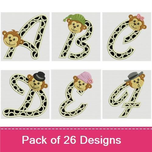 Monkey Alphabet Embroidery Designs Bundle – Monkey A, Monkey B, Monkey C & More (26 Designs)