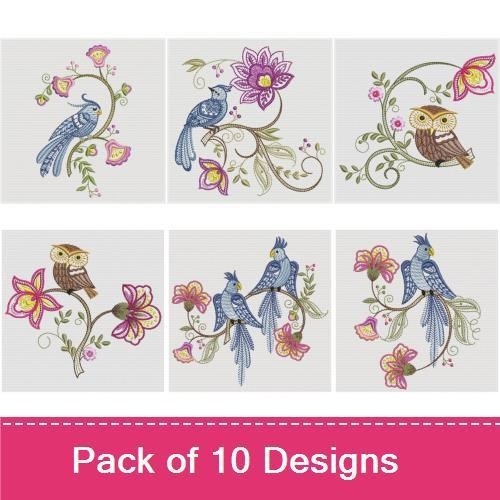 Blue Birds and Floral Embroidery Bundle – Blue Bird on Floral Branch, Blue Bird with Pink Flowers, & More (10 Designs)