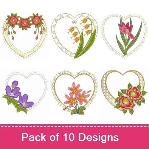 Floral Heart Embroidery Designs Bundle – Floral Heart with Roses, Tulip Heart, Violet Heart & More (10 Designs)