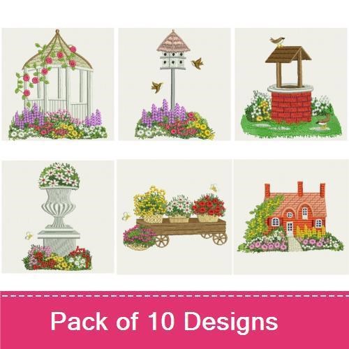 Garden Scenes Embroidery Designs Bundle – Garden Gazebo, Birdhouse, Well & More (10 Designs)